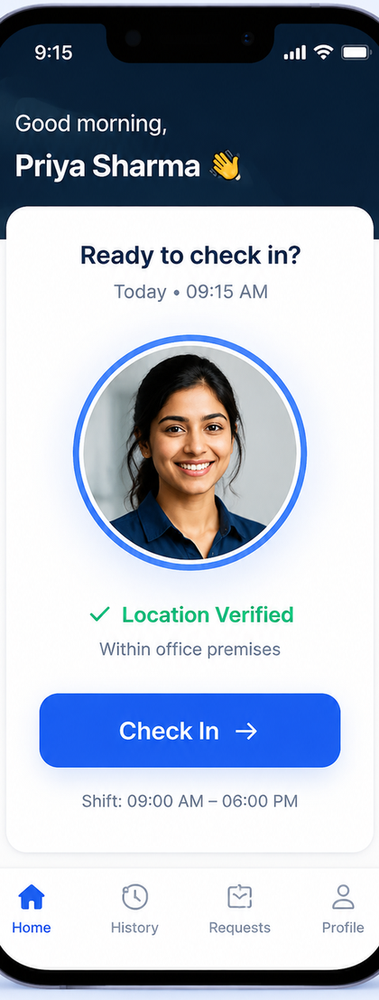 StaffSure app on a phone: Priya Sharma ready to check in, location verified